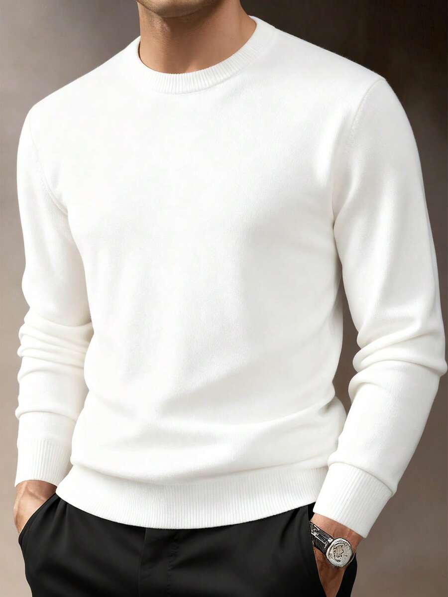 Men's Solid Color Casual Crew Neck Sweater, Autumn/Winter - White - View 1
