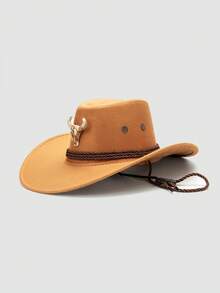 1pc Unisex Animal Bull Head Decor Hat, Wide Brim Western Style Cowboy Hat, Punk Rock Fashion, Adjustable Wind Rope Design, Suitable For Daily Wear, Concerts, Outdoor - A - View 9