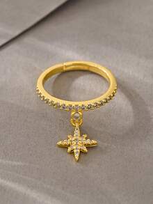 1 pieza Anillo con micro-incrustaciones de circonita, adecuado para uso diario, citas, vacaciones y bodas de mujeres - Dorado - Ver 3