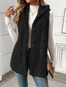 Women's Fuzzy Hooded Sleeveless Vest, Button-Front Fluffy Fleece Gilet, Warm & Casual Versatile Outerwear For Fall/Winter - màu đen - Xem 4