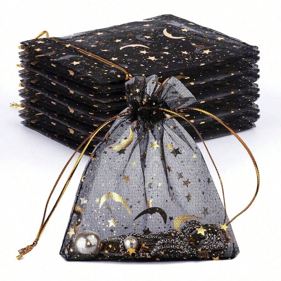 10/20/40 Pieces 9 * 12cm Ramadan Hot Stamping White Moon And Star Pattern Hard Yarn Drawstring Gift Bag, Suitable For Jewelry Storage, Candy, Chocolate Packaging, Birthday, Party Gift Packaging - Multicolor - View 1