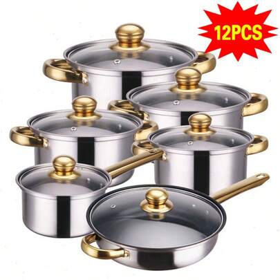 12Pcs Stainless Steel Induction Hob Casserole Pot Cookware Saucepan Dining Set
