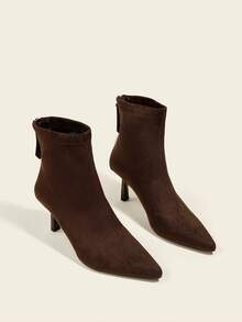 女士咖啡棕色绒面革踝靴，高跟弹力修身靴，舒适时尚高跟靴 - 棕色 - 查看 3