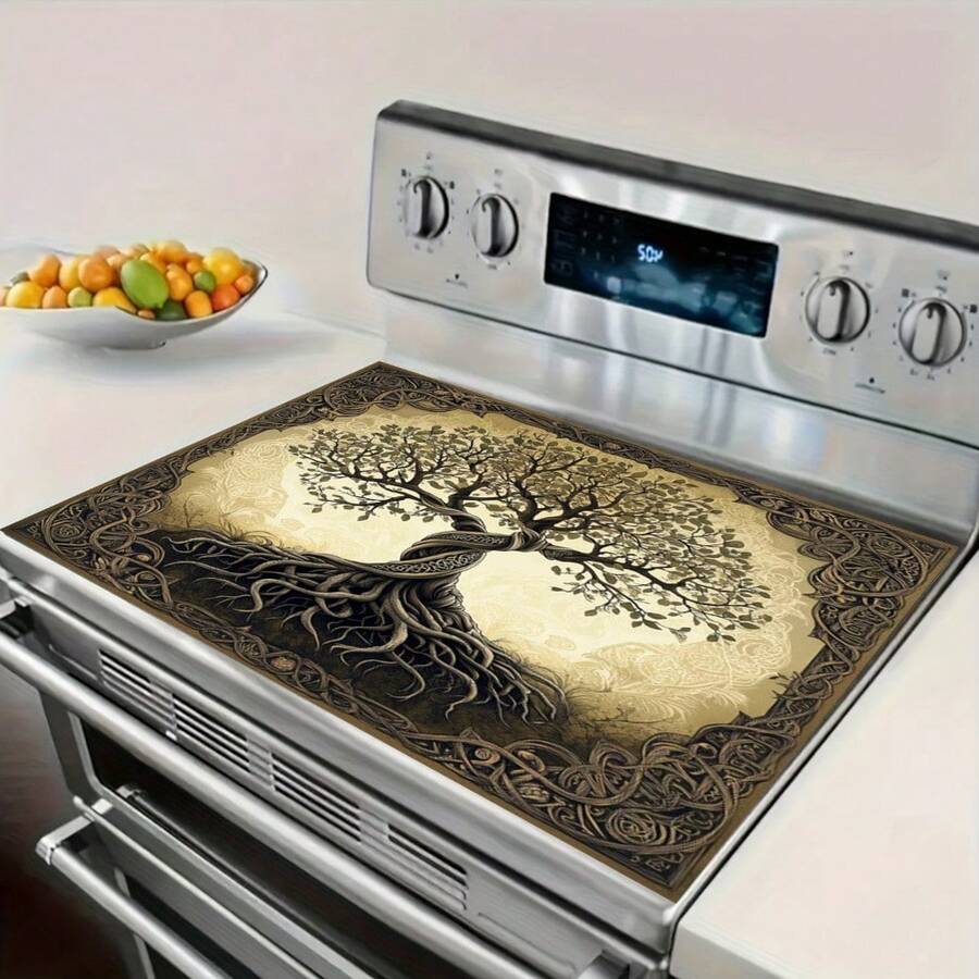 2D Flat, 1pc Elegant Tree Design Stove Protector - Vibrant Golden & Black Pattern, Non-Slip Rubber Cover For Electric Stoves, Modern Kitchen Decor Accessory, Stove Top Protector, Stove Top Cover, Artistic Stove Design, Durable Stove Cover, 2D Flat - 20,47*28,35 inch - Xem 1