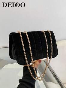 Simple Velvet Embroidered Thread Chain Bag - Black - View 7