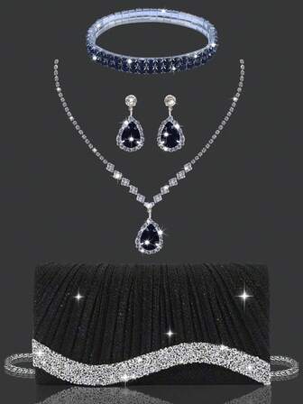 Sparkling And Elegant Women's Rhinestone Evening Bag Clutch, Exquisite Pleated Party Bag Shoulder Bag Wallet, With Glitter Rhinestone Three Pieces Set, High-End Rhinestone Pendant Necklace, Earrings, Bracelet, With Shiny Sequins Evening Dress, Suitable For Attending Parties, Dances, Gatherings, Dinners