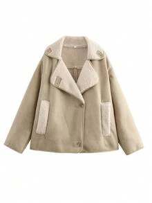 Chaqueta de invierno para mujer con forro de piel sintética marrón - Estilo casual de ropa de calle con ajuste holgado, cuello con solapa y bolsillos, manga larga - Albaricoque - Ver 5