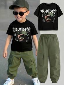 Young Boy Cartoon Print Round Neck Short Sleeve Top And Cargo Pants Set - Black - View 1