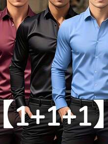 Men's Three-Piece Set, Solid Color Long-Sleeved Business Shirt, Formal And Professional Work Shirt, Suitable For Office Work And Business Travel, Office Wear, Business Attire, Corporate Men, Professionals On The Job, High-Quality Material - 酒紅色 - 查看 3