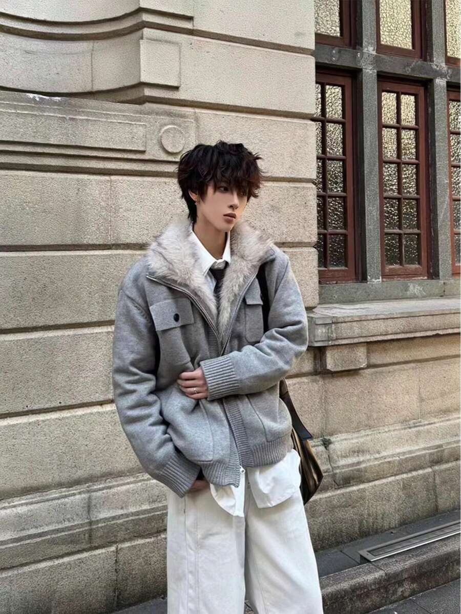 Winter, American Style, Fashionable, Simple, Versatile, Handsome, Plush, Thick, Warm, Mountain Carving, Fur Collar, High-End, Light Luxury, Cardigan, Sweater, Jacket, Men's Coat - 灰色 - 查看 1