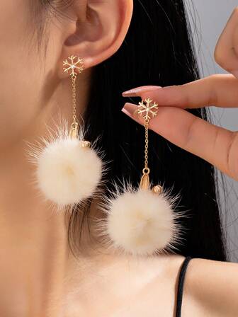 1 Pair Zinc Alloy Rabbit Ear Fluffy Ball Earrings, Suitable For Women's Daily Wear, Christmas Gift