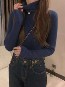 Women's Solid Color Turtleneck Long Sleeve Casual Sweater, Autumn/Winter - Navy Blue - View 7