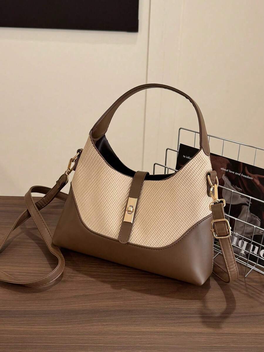 Bolso tipo dumpling con diseño de bloques de color, bolso versátil de hombro y bandolera portátil para ir y venir, bolso de mano, adecuado para el uso diario y citas casuales - Marrón - Ver 1