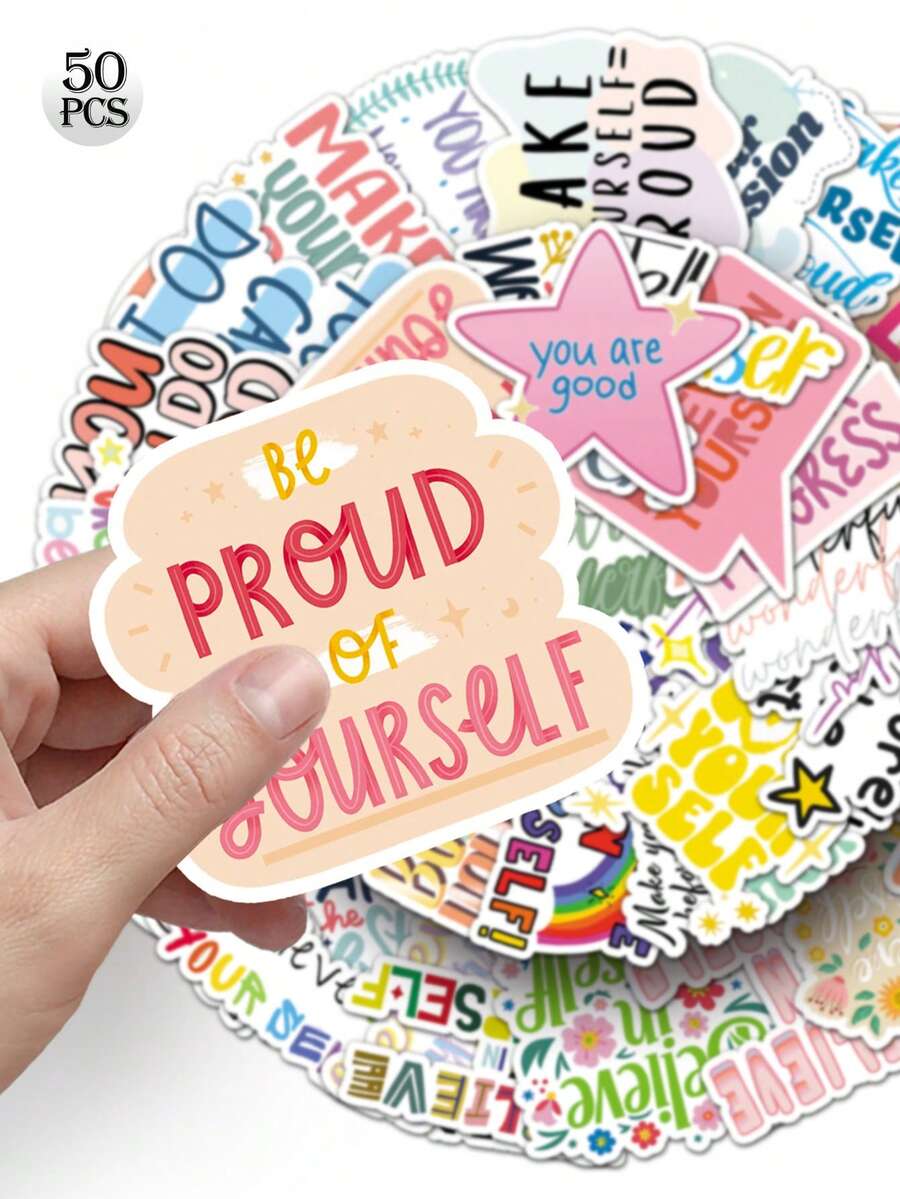 50张励志语录贴纸，涂鸦装饰贴纸，防水乙烯基贴纸，适用于水瓶、汽车、杯子、电脑、吉他、自行车、摩托车、滑板、头盔、行李箱、日记本等，DIY剪贴簿材料，美观贴纸套装 - 彩色 - 查看 1