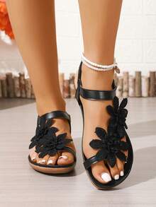 Dép lê nữ họa tiết hoa - Chất liệu tổng hợp màu trơn, hở mũi, quai cổ chân có thể điều chỉnh, gót thấp và đế cao su chống trượt, phù hợp với trang phục mùa hè thường ngày, dép xỏ ngón nữ. - màu đen - Xem 3