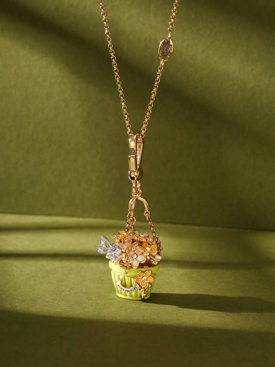 1Pc Fashion Sweet Faux Zirconia Butterfly Letter Enamel Green Flower Basket Pendant Necklace For Women Romantic Cool Party Jewelry, High-End Accessories, Chic Girlfriend Gifts, Bags, Keychain Pendants, Rural Style Gifts,Chic Girlfriend Gift, Christmas Gift - Dây chuyền mặt giỏ hoa - Xem 1