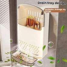 1个厨房悬挂式餐具收纳架 - 无需钻孔壁挂式筷子架带排水孔，塑料餐具收纳盒，适用于勺子/叉子/刀子。 - 彩色 - 查看 4