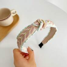1 Piece Bohemian Wide Knot Headband With Embroidered Leaf Design – Fashionable Polyester Hair Accessory Suitable Daily And Party Wear, Hand Wash Only, Available In Various Colors (Blue Green Leaf Pattern, White And Black Geometric, Pink Floral, Beige And Brown Twisted Rope), Multifunctional Headwear|Bohemian Headband|Polyester Fiber Ribbon, Cute Hair Accessory - 綠色 - 查看 4