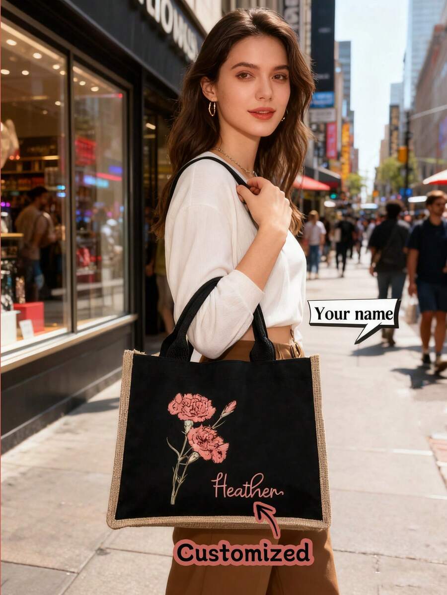 Sacola de Aniagem Personalizada com Flor de Nascimento, Sacola de Aniagem Personalizada com Nome Floral para Ela, Sacola para Despedida de Solteira, Sacola para Madrinha, Presentes para Madrinhas - Preto - Visão 1