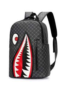 Mochila grande de capacidad versátil con estampado de tiburón para adolescentes, mochila personalizada minimalista para la temporada de regreso a clases, mochila ligera con estampado para reducir la carga en verano, estampado aleatorio en todo el tejido (todas las letras en las correas son aleatorias) - Negro - Ver 10