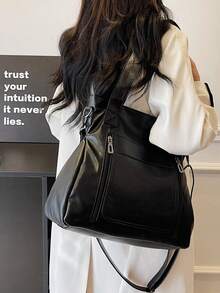 1 pieza Bolso vintage de gran capacidad, Bolso de hombro y mensajero vintage de PU, Bolso de mano casual y billetera para mujer - Negro - Ver 7