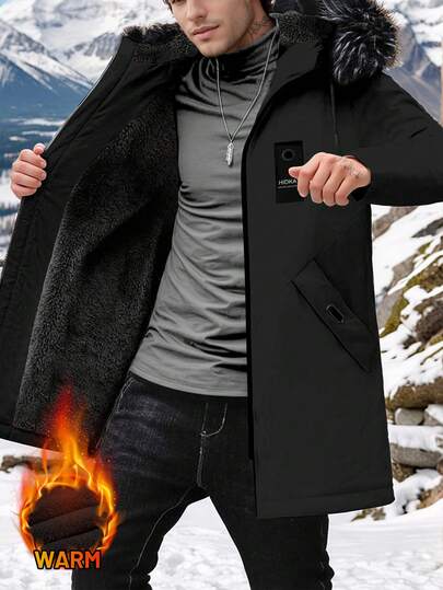Men's Thickened Hooded Jacket With Detachable Fur Collar And Large Pockets, Suitable For Daily Outdoor Sports, Skiing, Casual Wear, Dating And Travel