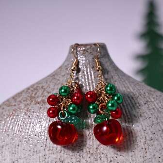 1pair Fashion Apple Pendant Red And Green Pearl-Like Christmas Atmosphere Earrings - Exquisite Christmas Gift