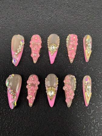 10-Piece Pure Handmade Nail Pressure Nails 33mm Thin High-Heeled Long Nails Pink French Edge Three-Dimensional Modeling Glue Carving Craft Three-Dimensional Diamond Decoration Fashion Versatile Suitable For Women To Wear Three Sizes To Choose From Suitable For A Variety Of Occasions Party Dance And Daily Wear