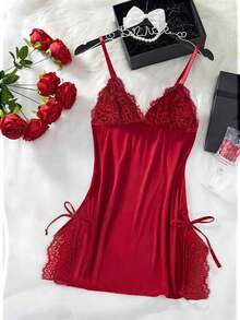 Women's Bow Decor Sexy Camisole Nightgown, Backless Lace Babydoll Dress With Adjustable Straps, Deep V Sexy Lingerie, Floral Lace Contrast Color Soft Knit Robe And Pajamas, Women's Solid Color Fitted Slit Nightgown, Suitable For Bedroom, Honeymoon, Anniversary, Bridal Gift, Pajama Party - 酒紅色 - 查看 12