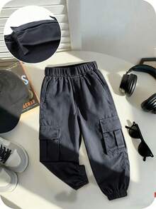 1件男婴休闲纯色弹力腰工装裤，适合春秋季户外穿着 - 深灰色 - 查看 3