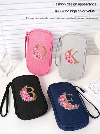 1pc Gold Floral EVA Digital Bag, Earphone & Cable Storage Box, Charger & Power Bank Organizer, Rectangular Box, Unisex Travel Essential, Electronic Accessories Organizer Pouch For USB Cables, Earphones, Pens, Power Banks And Other Travel Kit Items