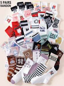 5/10 Pairs Men's Versatile Casual Striped & Letter Print Crew Socks, Suitable For Daily Wear