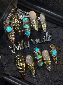 10pcs Stiletto Nail Set, Handmade Nail ArtStickers,3D Three-Dimensional Nail Rhinestone Steel Ball Accessories, Colorful Shiny Nail Gems, Amber Tie Dye Champagne Chrome French Tip Hand Drawn Geometric Patterns In Y2k Style Wearable NailArt Set Suitable For Women To WearDaily Parties (With: A Piece Of JellyGlue And A Friction Strip) Nail SuppliesNails - Champagne - View 4