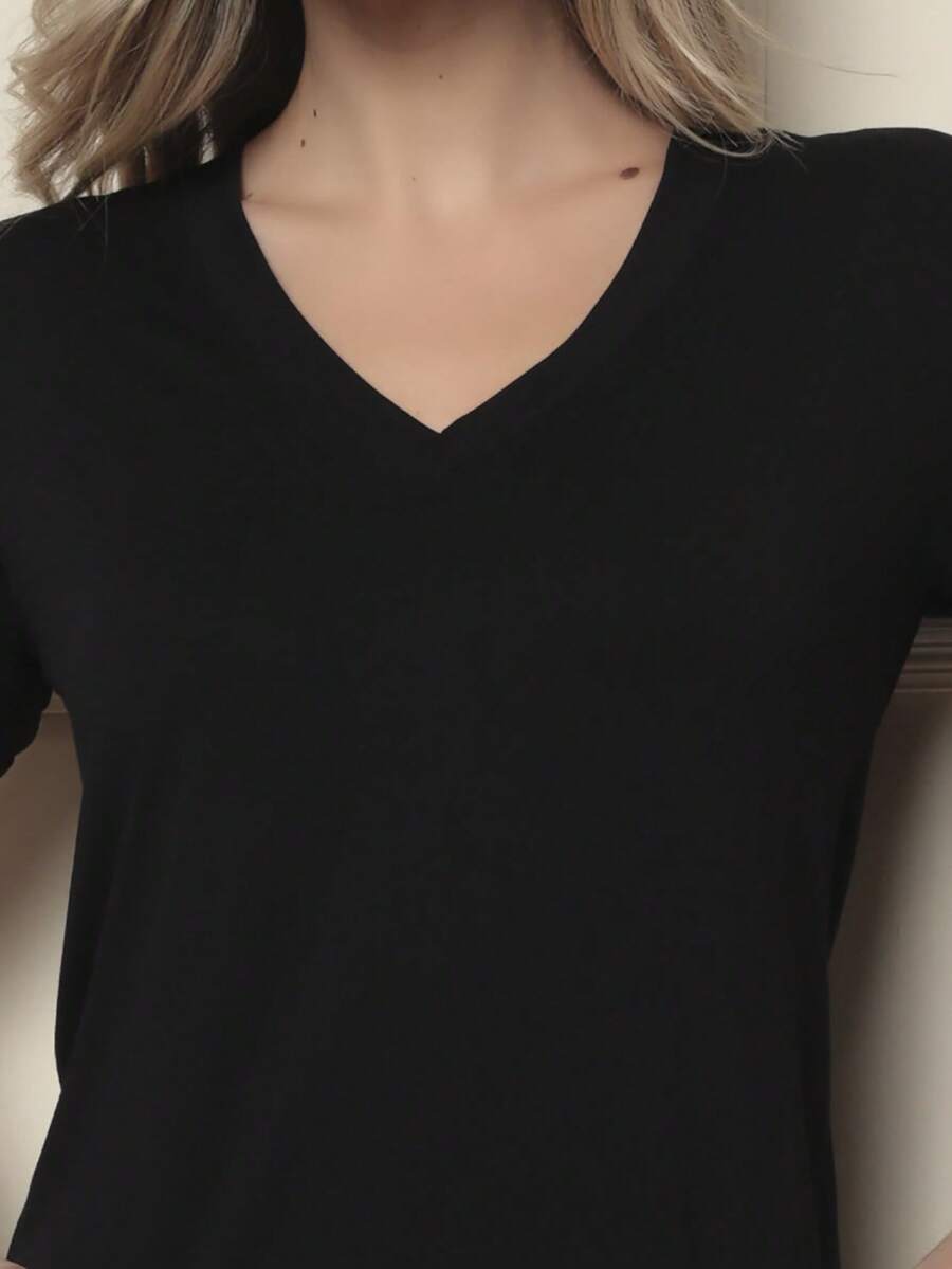 Women's Viscose/Lycra Blouse With Short Sleeves And V-Neck - Comfortable Fabric - 黑色 - 查看 1