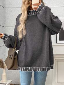 Plus Size Casual Crew Neck Striped Contrast Color Knit Pullover Sweater - Grey - View 1