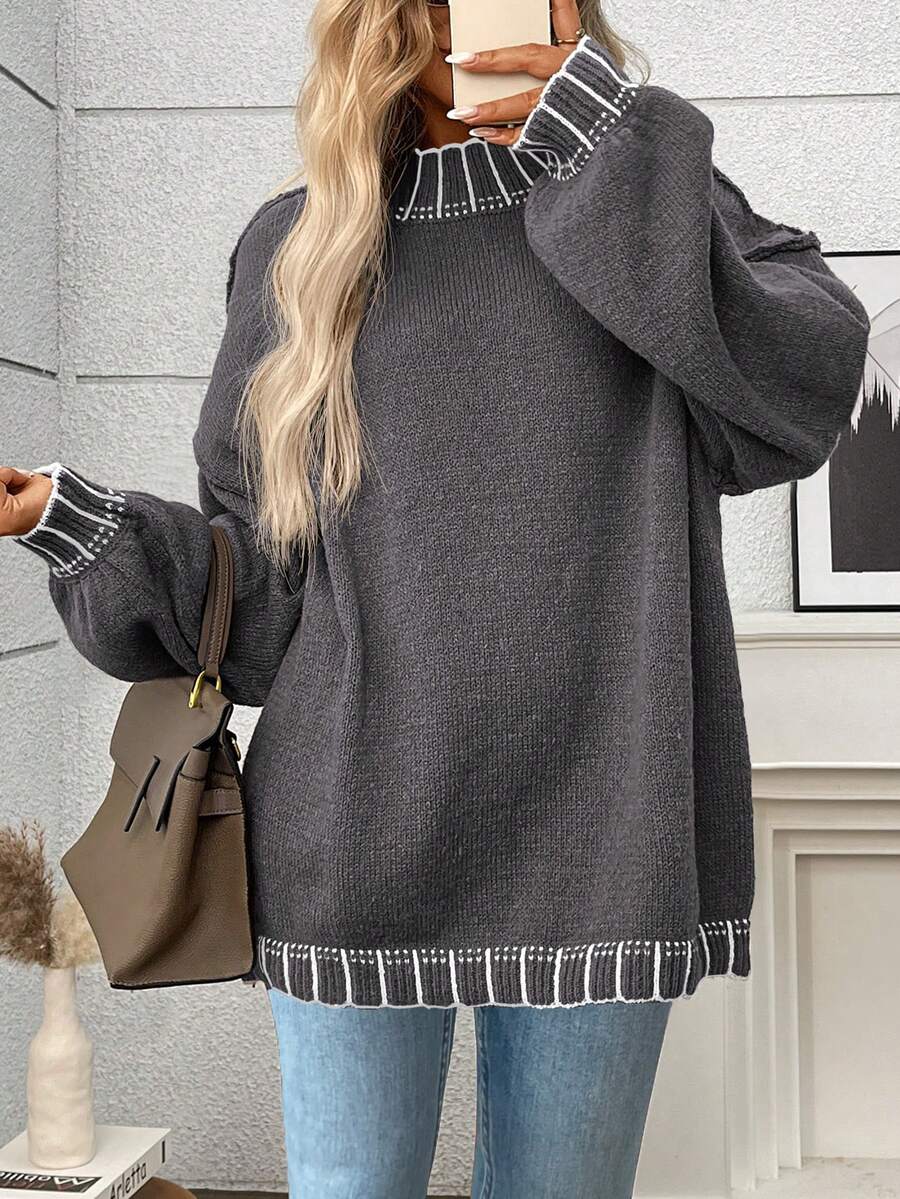 Plus Size Casual Crew Neck Striped Contrast Color Knit Pullover Sweater - Grey - View 1