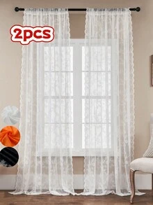 2pcs Vintage French Bohemian Lace Semi-Sheer Voile Curtains, Polyester Fiber, With Rod Pocket Decorative Curtains, Suitable For Bedroom, Living Room, Home Decor, Room Decoration - White - View 17