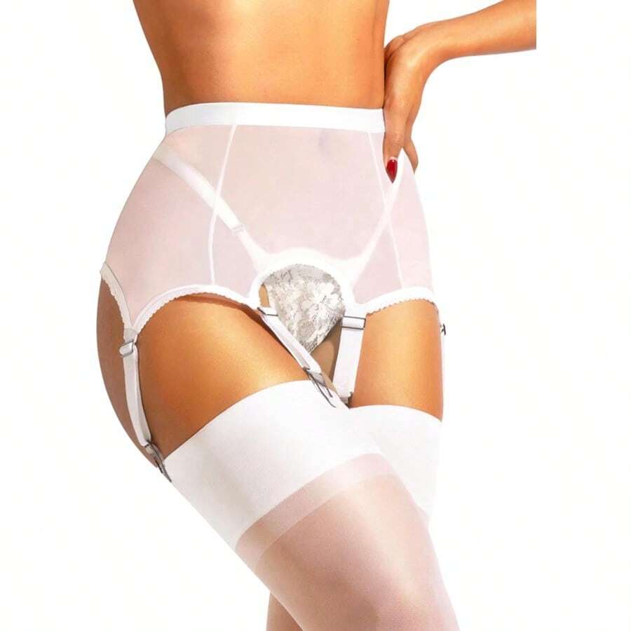 2026Premium High-Waist Mesh Garter Belt 6-Strap Suspender Lingerie For Women's Thigh High Stockings With Metal Clips - A03 | 1 雙 - 吊襪帶 | 冰白色+大號 - 查看 1