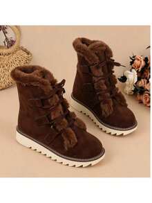 2025 Winter New Style Women's Snow Boots, Fashionable Lace-Up Flat-Soled Design, Soft And Comfortable, Plush And Thickened For Warmth, Non-Slip For Outdoor Use. Suitable For Cold Weather, Daily Wear And Formal Occasions - Comfortable And Warm Shoes - 棕色. - 查看 3