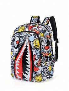 Shark Print Large Capacity Backpack For Teenagers, Minimalist Personalized Casual Daypack, Lightweight Breathable Printed Backpack For Summer, All-Over Random Printed (All Webbing Printed Letters Random) Travel Bag - Multicolor - View 4