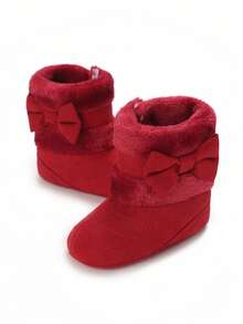 Infant Girls' Bow Decor Solid Color Snow Boots, Newborn Soft Sole Comfortable Prewalker Shoes, Winter