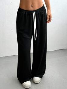 Loose Fit Drawstring Design Casual Wide Leg Pants, Suitable For Outdoor Sports And Daily Wear In Summer & Autumn, Great Gift For Girlfriend Back To School Season - Black - View 6