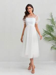 Short Wedding Dress, Round Neck, Ankle-Length Pointed Toe Sheer Fabric, Short Sleeve, Elegant Sheer Bridal Gown - White - View 2