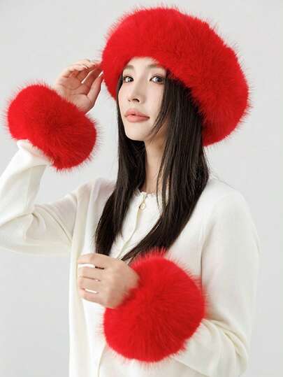 Autumn/Winter Fashion Solid Color Soft Fleece Headband & Arm Warmers Set Women Winter Clothes Valentines Gift