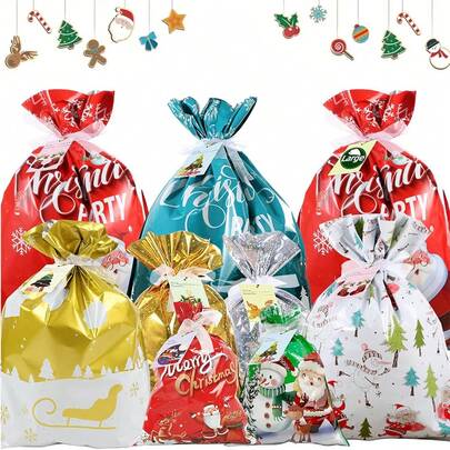 30pcs Christmas Drawstring Gift Bags Set - 30 Christmas Drawstring Gift Bags (Large, Medium, Small) + 30 Tags, Christmas Birthday Holiday Party Gift Bags (Classic Style) And Party Favors, Holiday Gift Bags, Christmas Gift Bags, Holiday Decorations