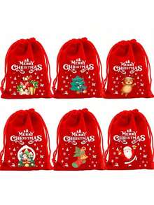 10pcs/Set Large Christmas Ornament Gift Bags, 12 Christmas Theme Pattern Gift Bags, Velvet Drawstring Gift Bags For Christmas & Halloween (Random Pattern) - Red - View 3