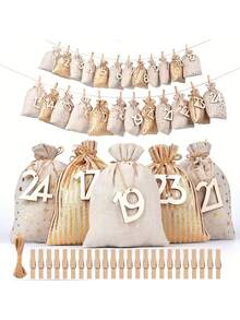 24pcs Numbered Burlap Gift Bags + Wooden Hanging Ornaments Advent Calendar Set - Reusable Holiday Decor & Gift Bags, Christmas Gifts