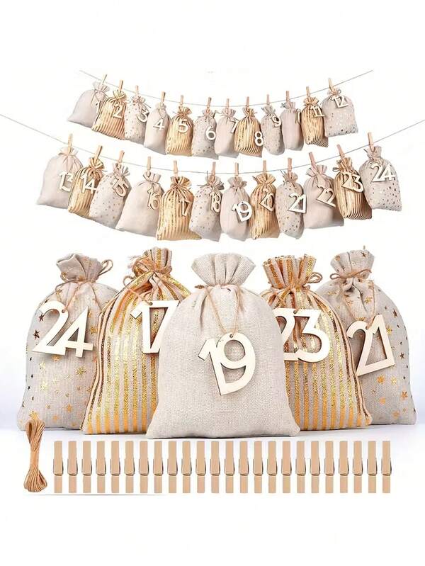 24pcs Numbered Burlap Gift Bags + Wooden Hanging Ornaments Advent Calendar Set - Reusable Holiday Decor & Gift Bags, Christmas Gifts