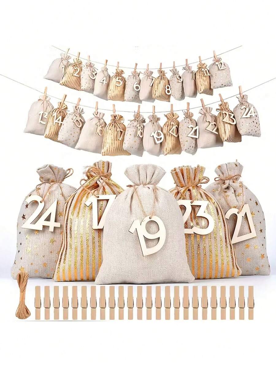 24pcs Numbered Burlap Gift Bags + Wooden Hanging Ornaments Advent Calendar Set - Reusable Holiday Decor & Gift Bags, Christmas Gifts