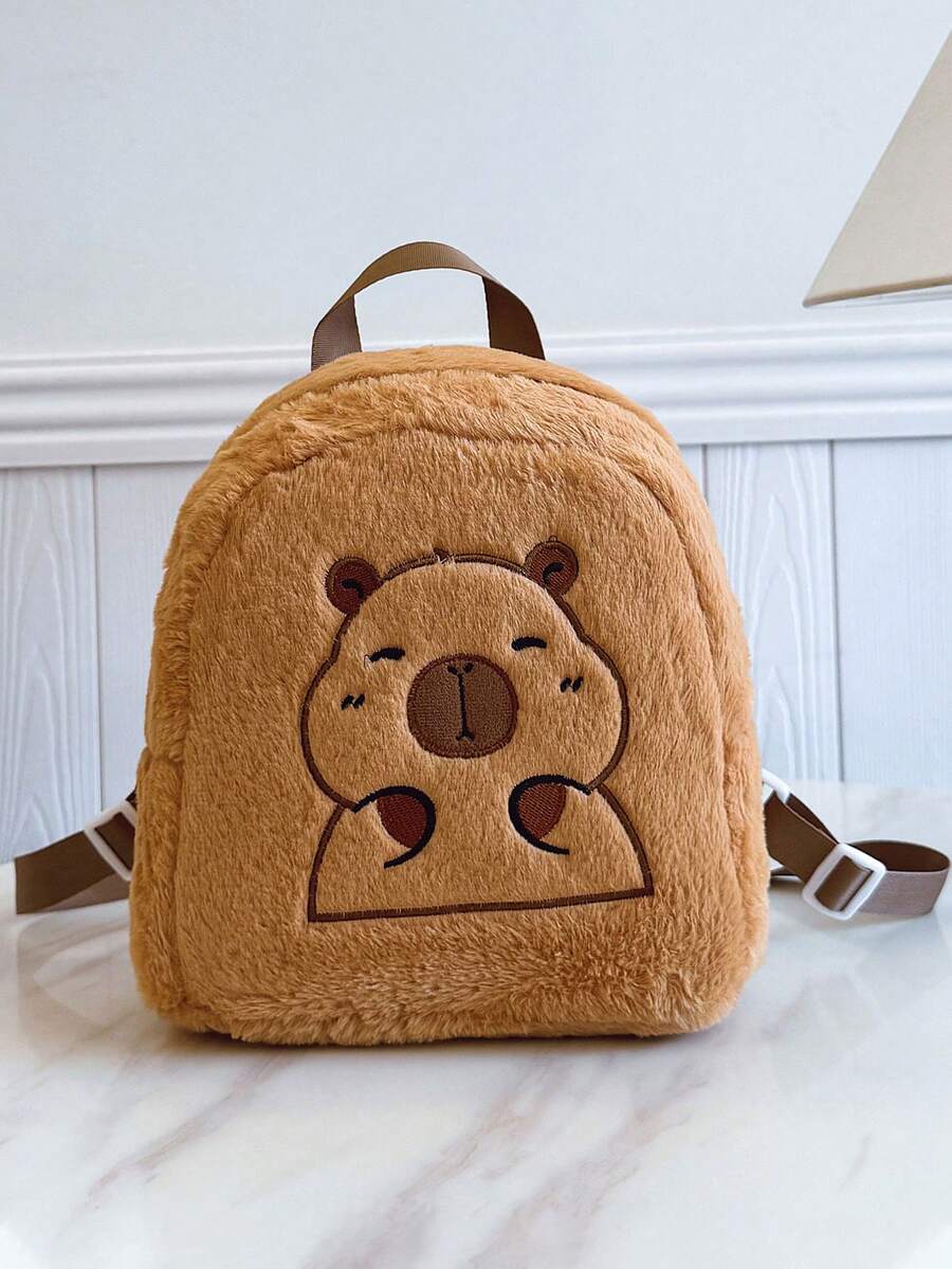 1个大容量可爱水豚图案背包。活泼的学生背包，多口袋设计。时尚背包。背包、书包、双肩包、双肩包、双肩包、迷你背包、小背包、书包、男童背包、学生背包、双肩包、书包，适合女孩、女学生、男学生、女孩、男孩、男孩礼物、可爱背包、迷你背包、水豚背包、背包 - 棕色 - 查看 1